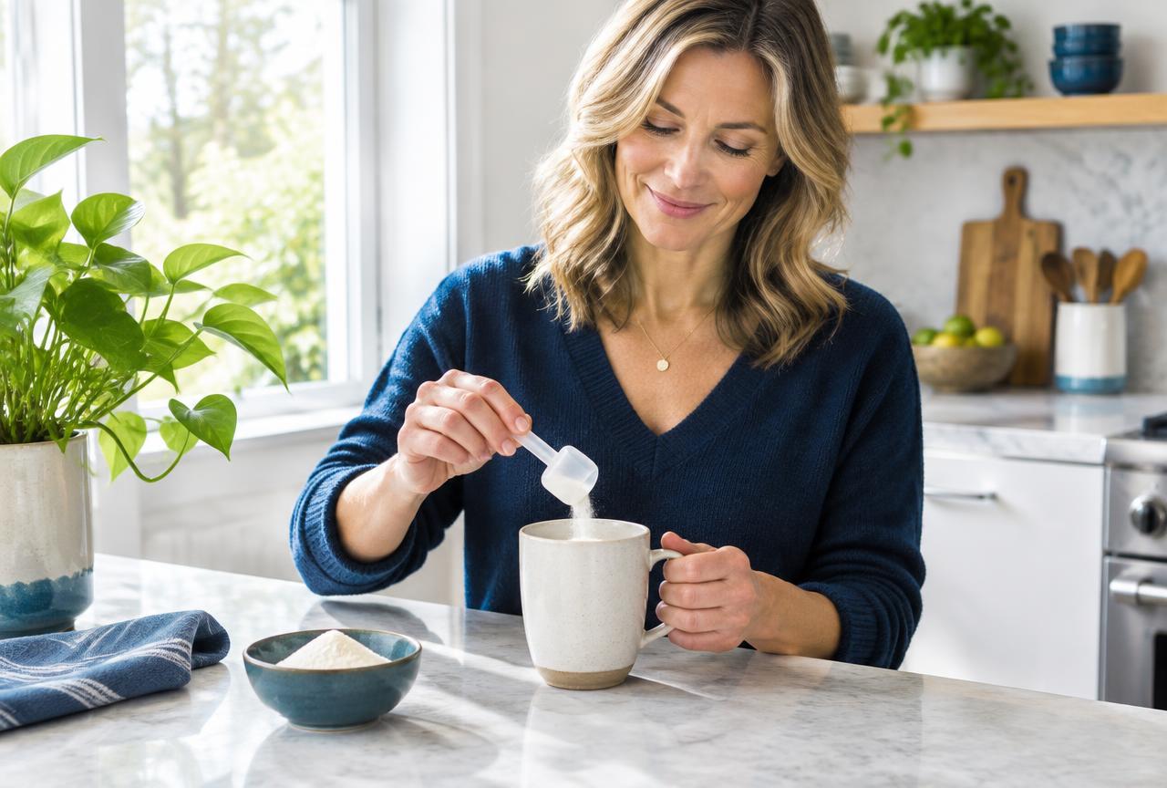 Woman mixing collagen powder into her morning drink